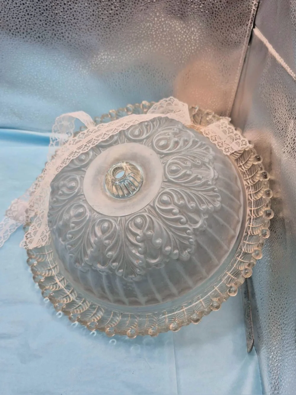 Antique 1930s Frosted Light Blue Glass Ceiling Light Shade Cover by Moe Bridges